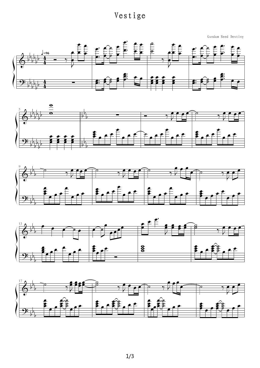 Vestige钢琴谱|Vestige最新钢琴谱|Vestige钢琴谱下载