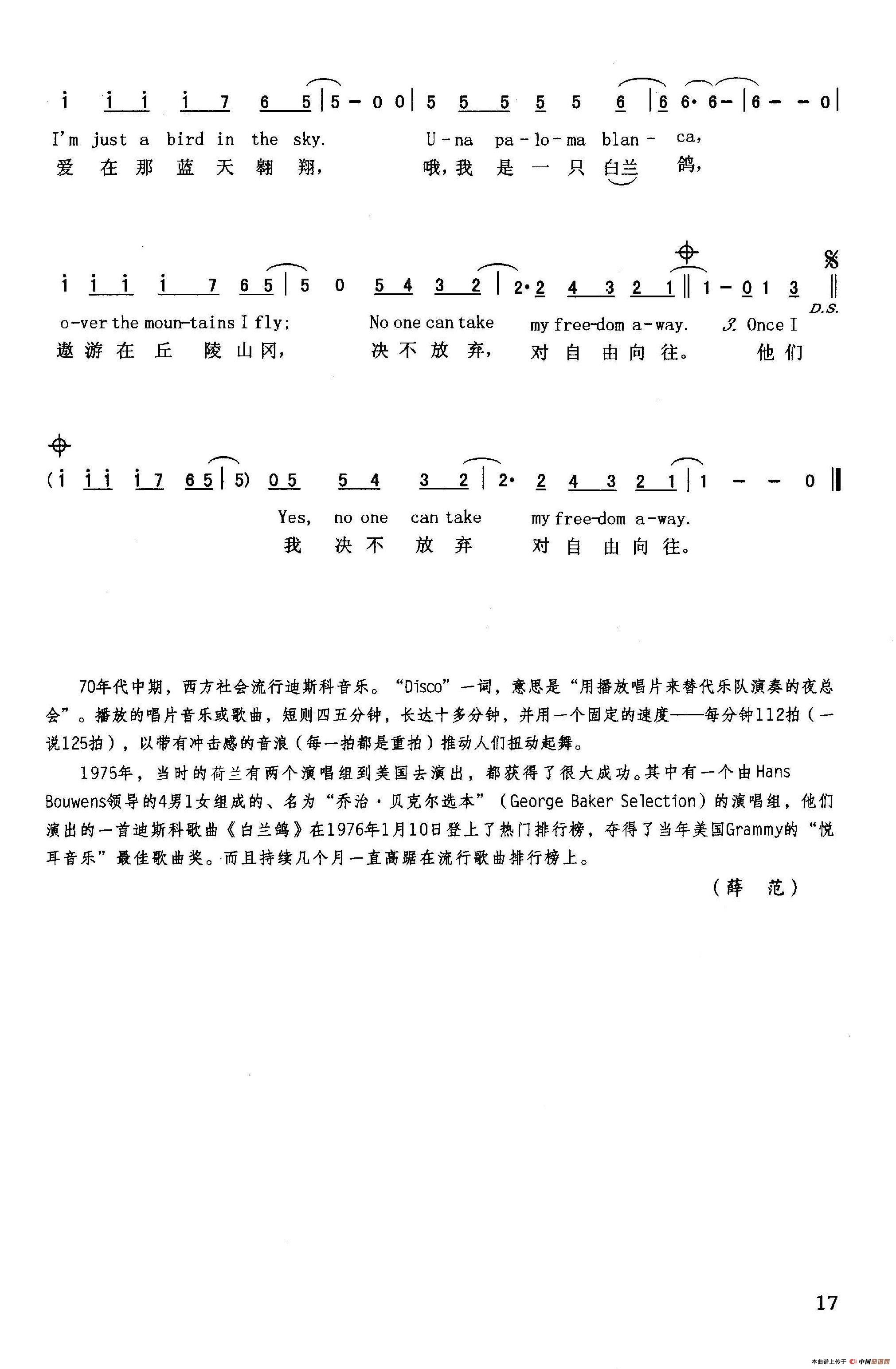 白兰鸽简谱|白兰鸽最新简谱|白兰鸽简谱下载